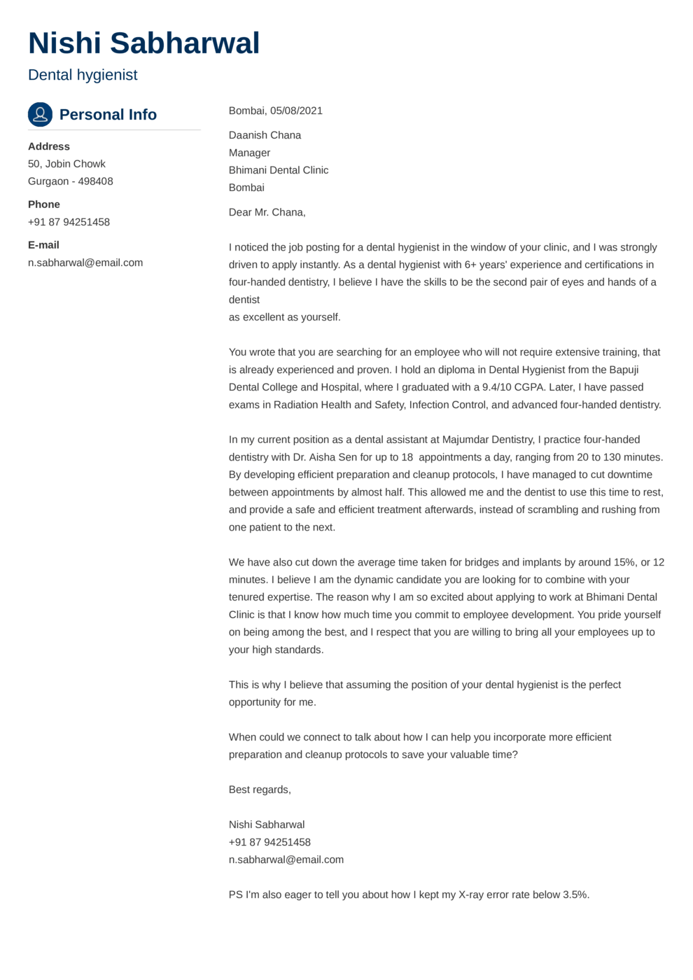 Indian cover letter made with ResumeLab's Cover Letter Builder (crisp template)