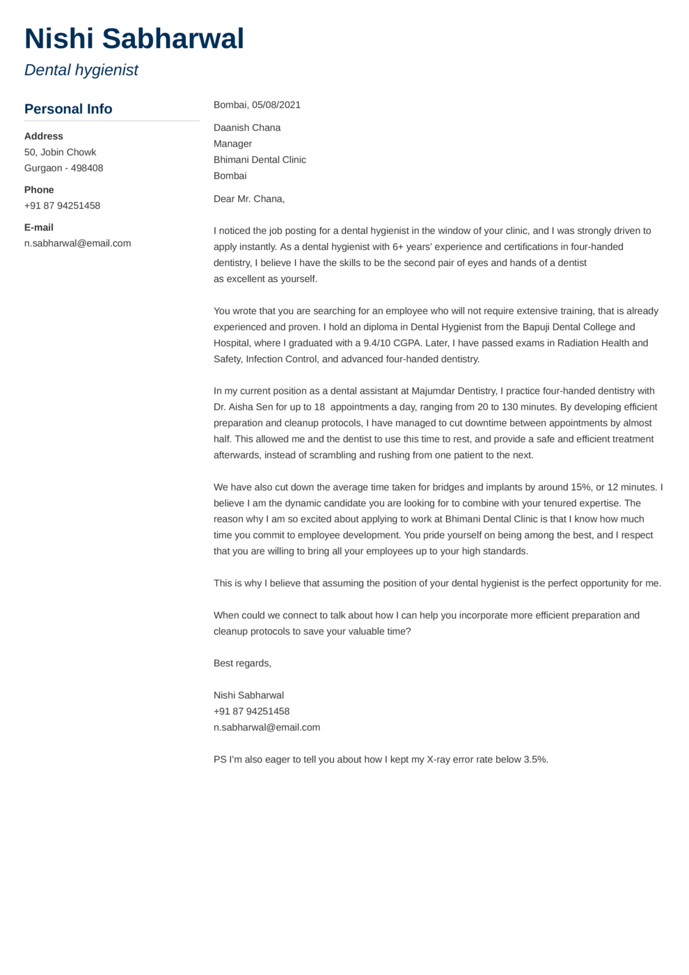 Indian cover letter made with ResumeLab's Cover Letter Builder (muse template)