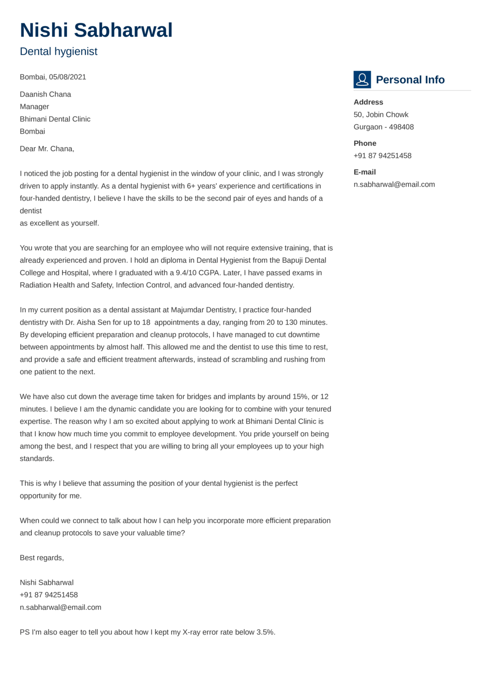 Indian cover letter made with ResumeLab's Cover Letter Builder (vibes template)