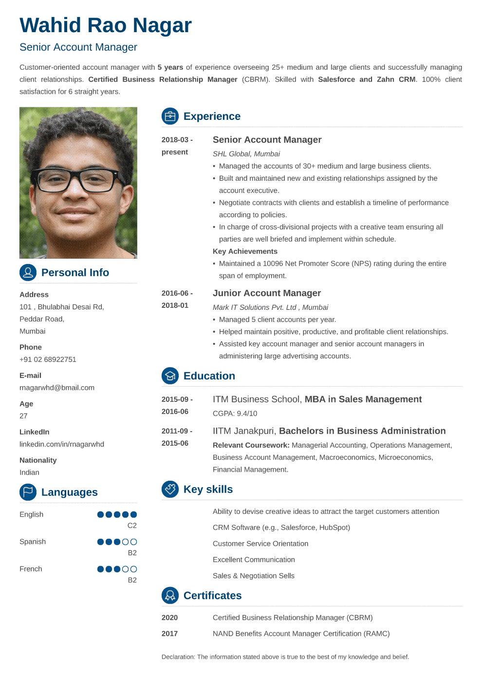 Crisp Indian CV Format made with ResumeLab CV maker