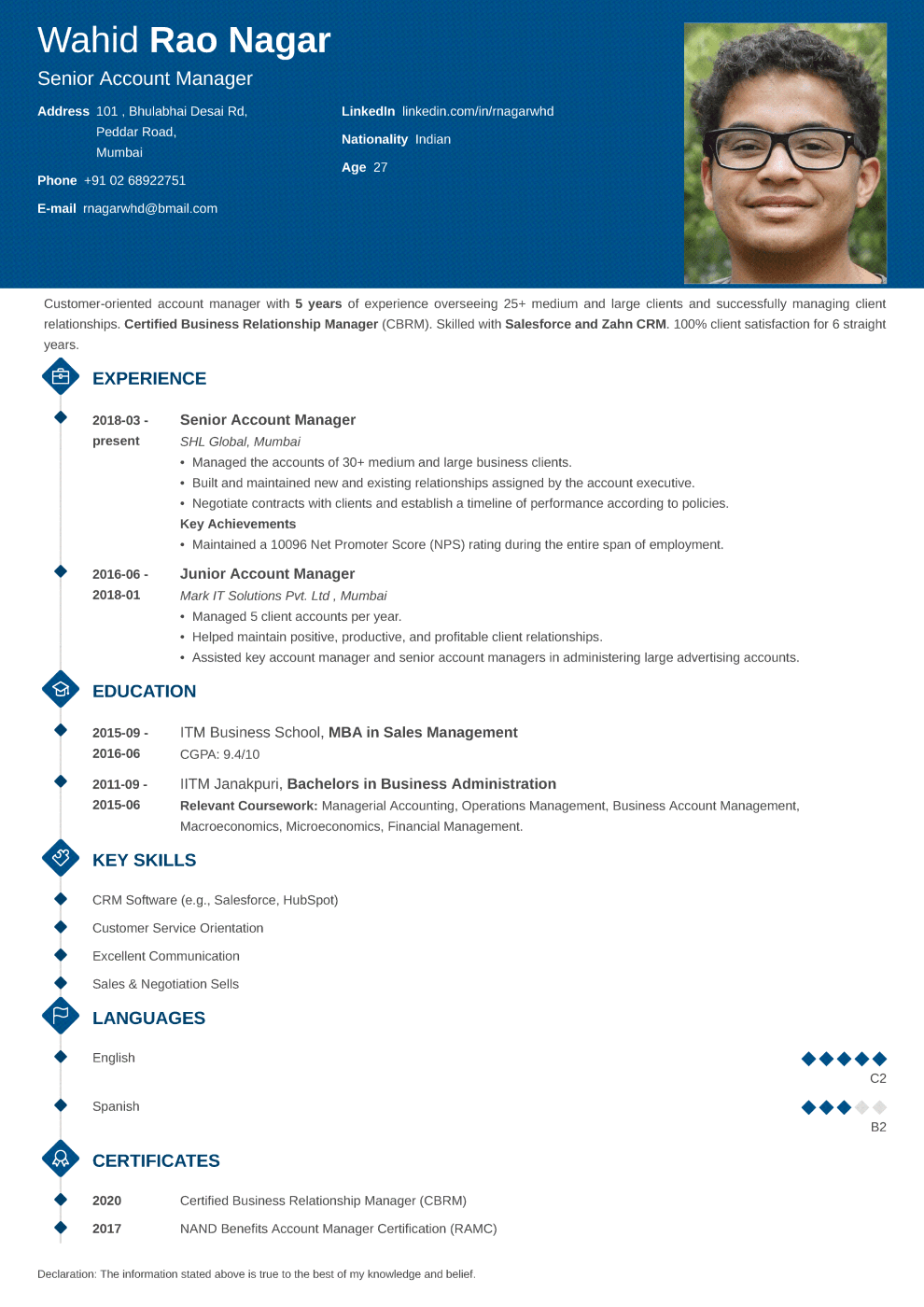 Diamond Indian CV Format made with ResumeLab CV maker