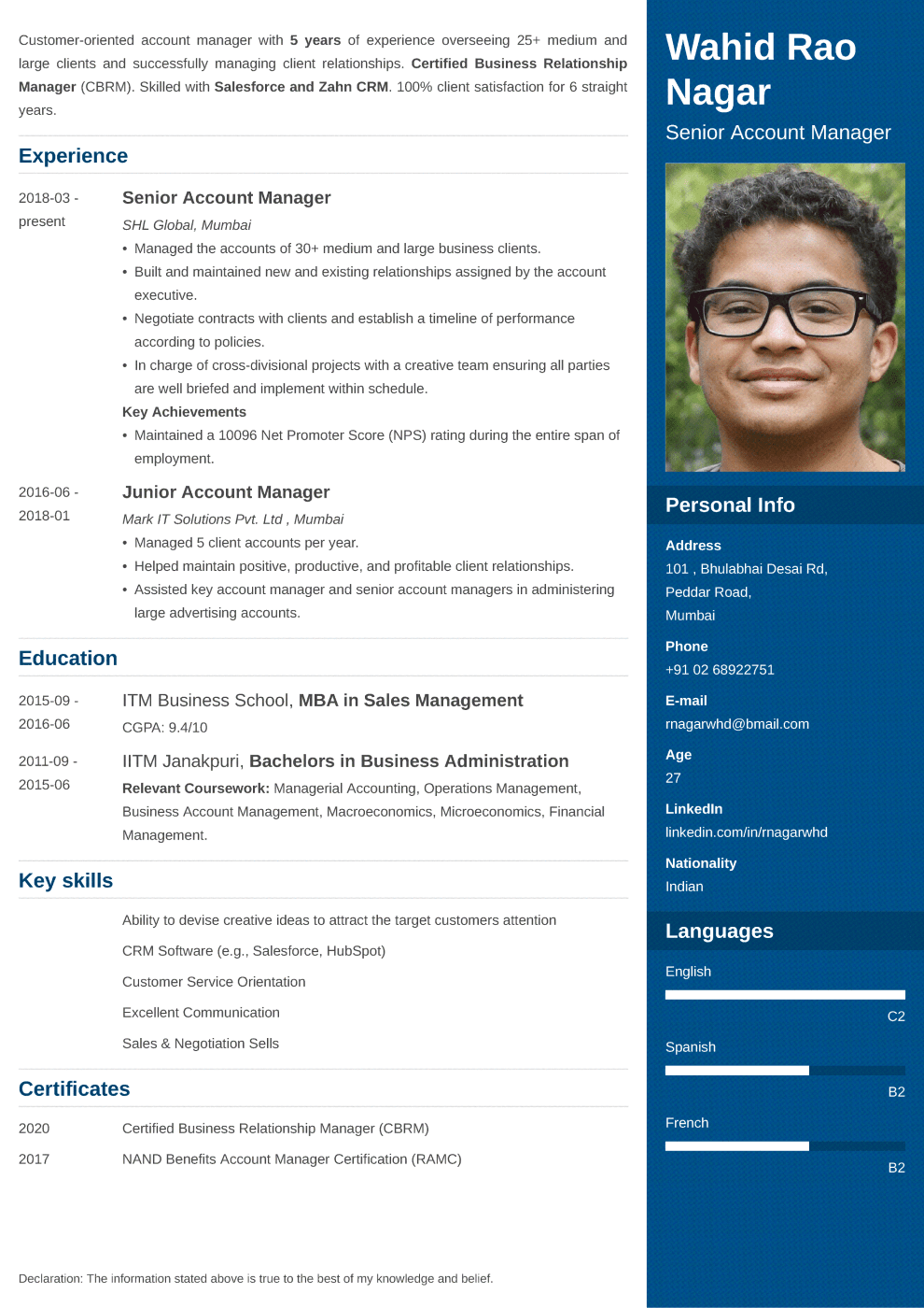 Enfold Indian CV Format made with ResumeLab CV maker