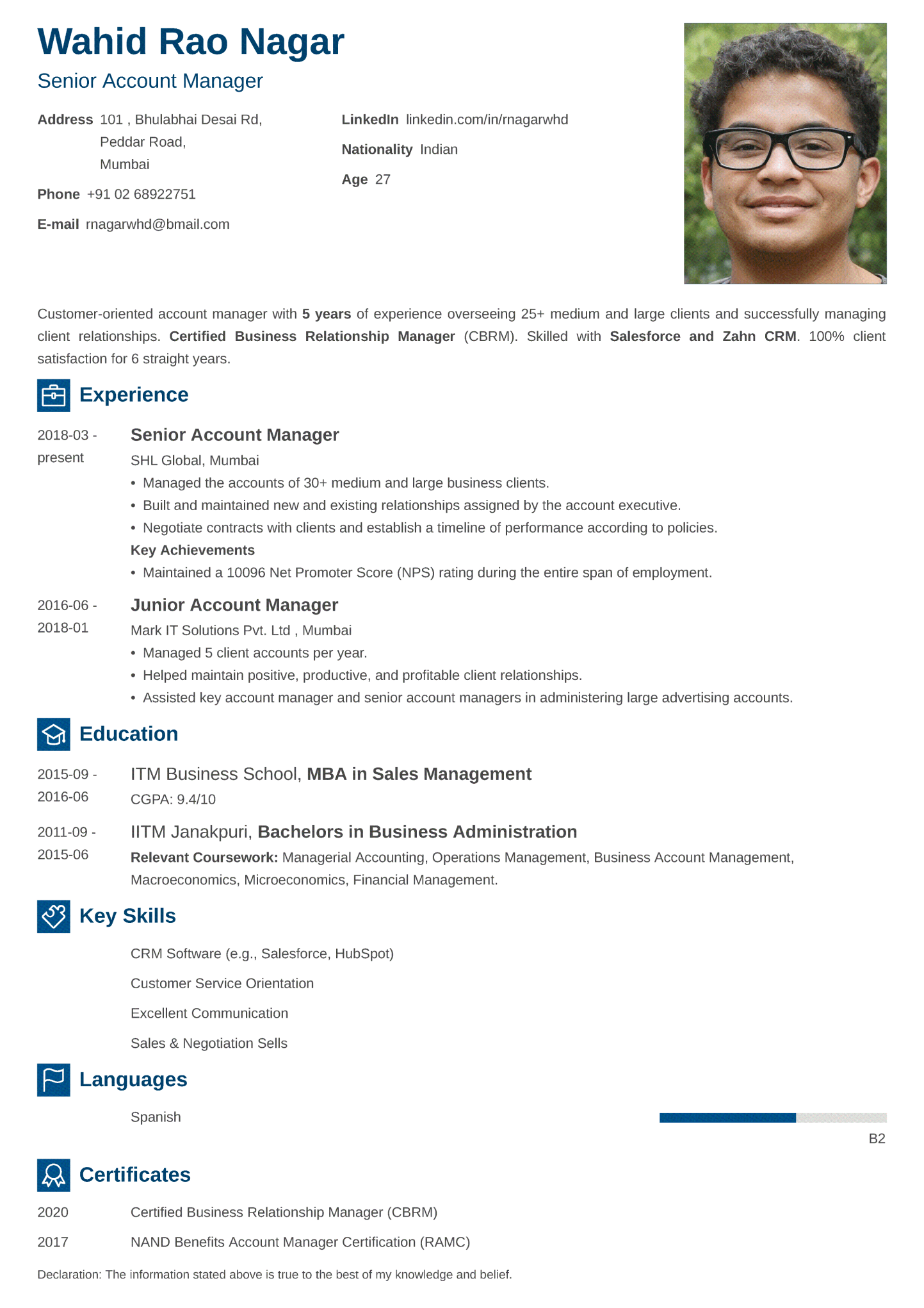 Newcast Indian CV Format made with ResumeLab CV maker