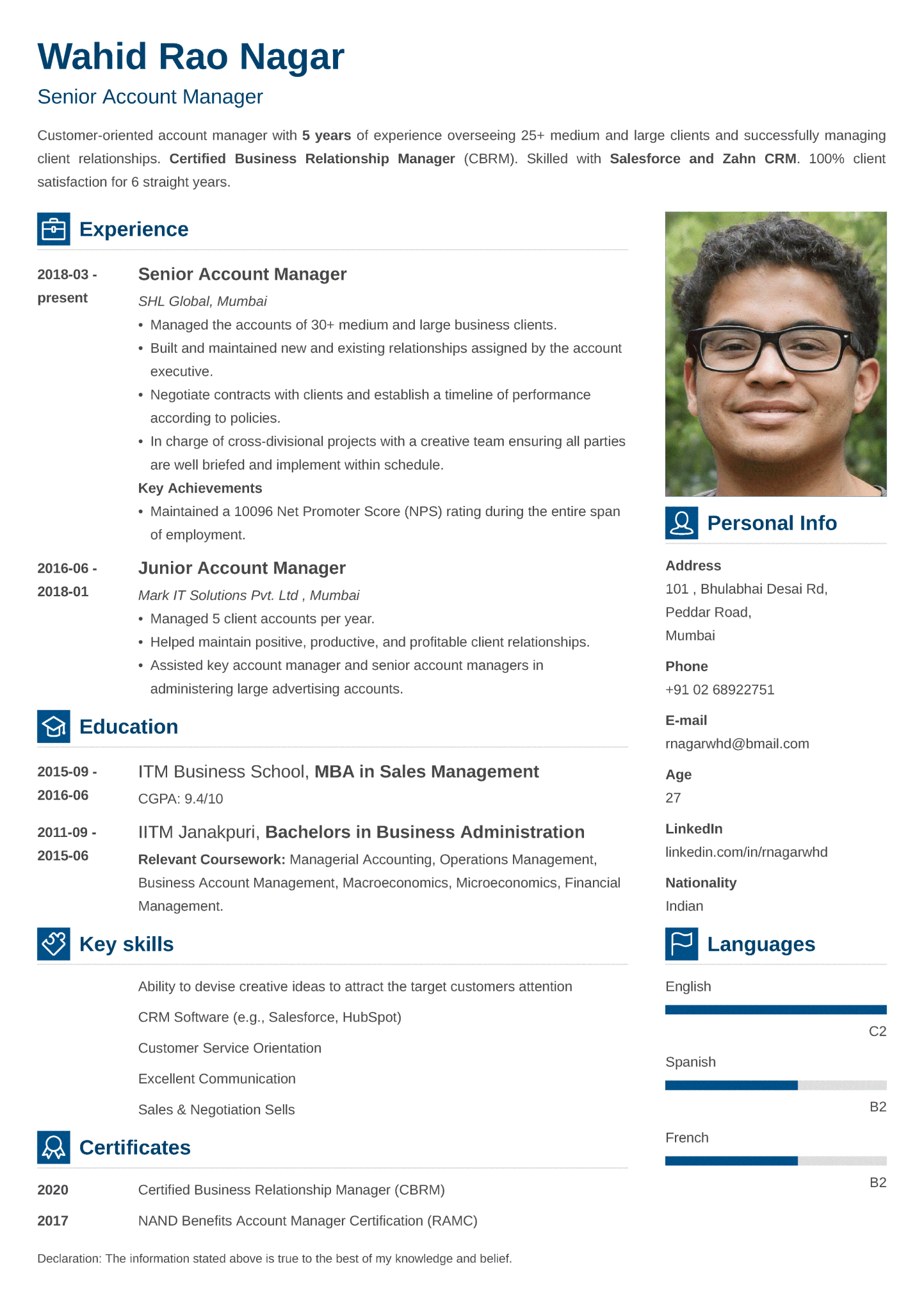 Vibes Indian CV Format made with ResumeLab CV maker