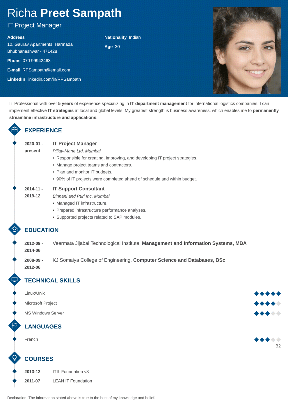 Diamond resume template — India