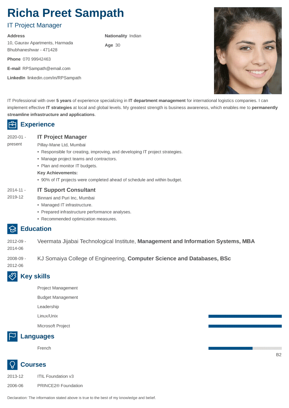 Enfold resume template — India