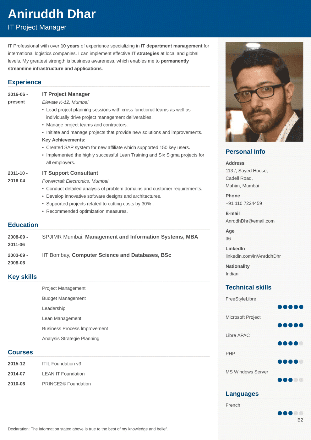 Indian resume sample made with Cubic format