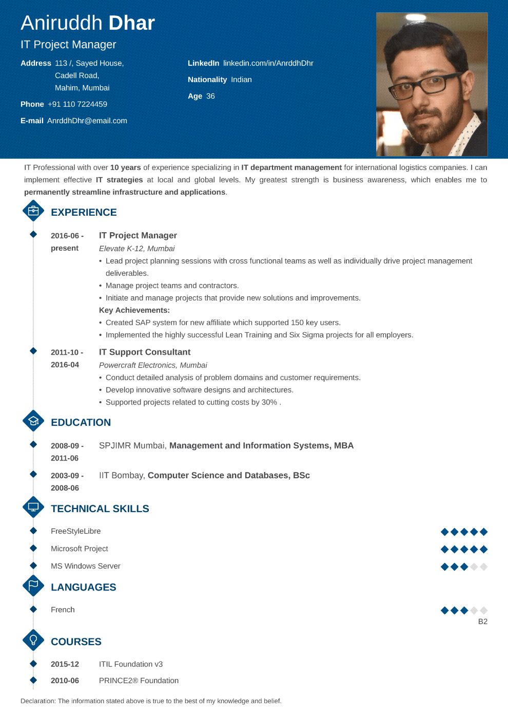 Indian resume sample made with diamond format