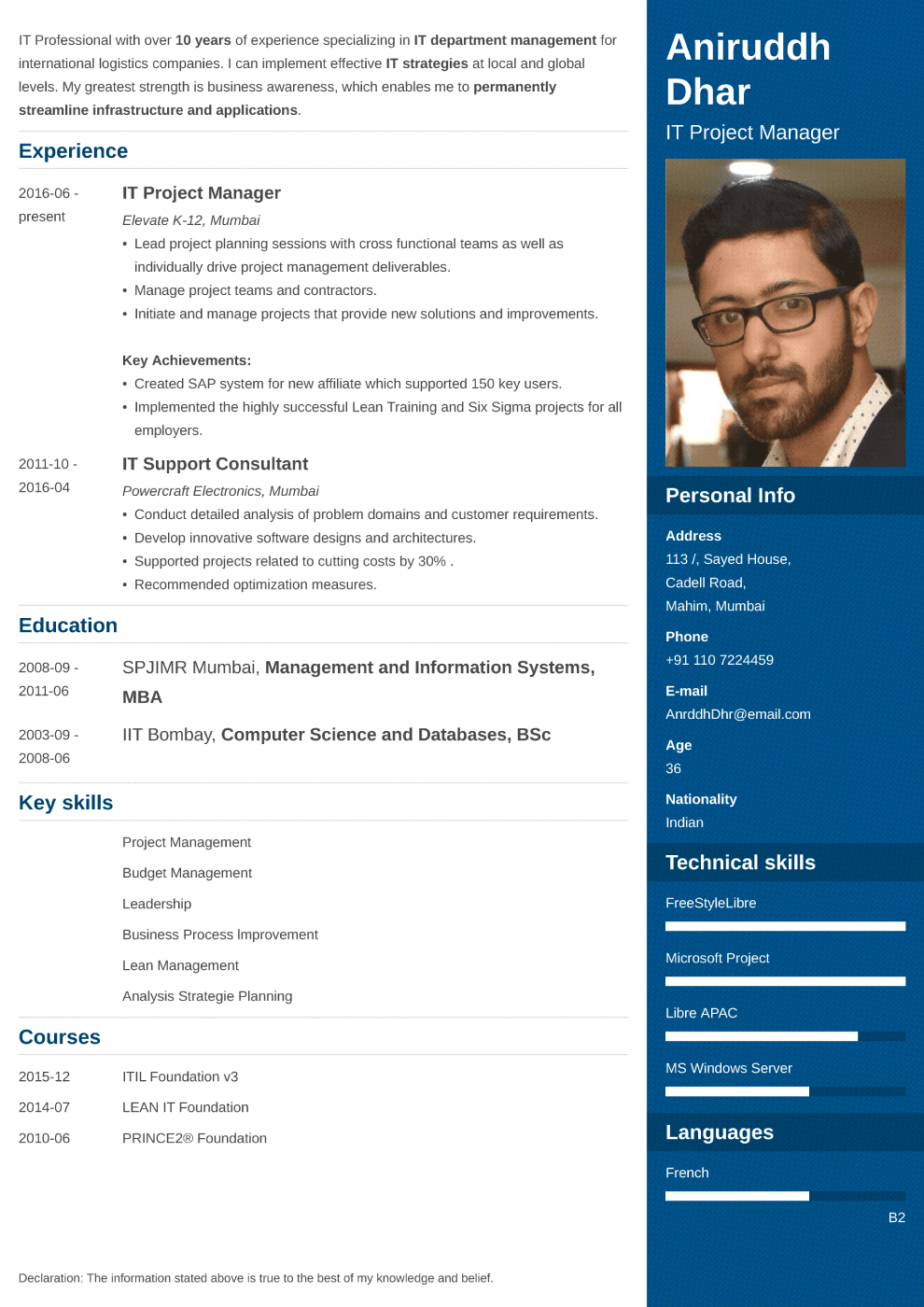  Indian resume sample made with enfold format