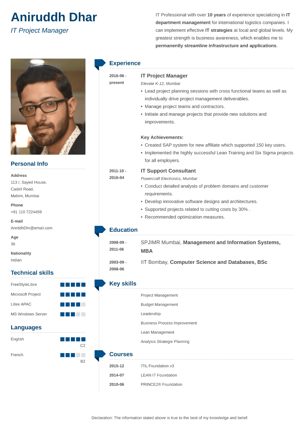 Indian resume sample made with muse format