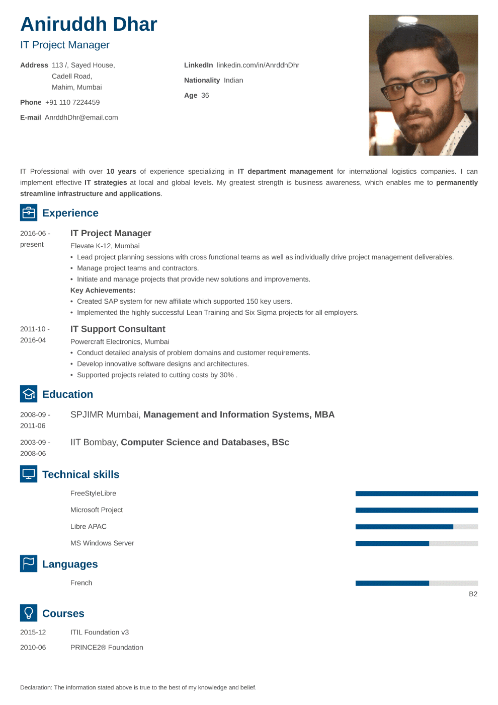 Indian resume sample made with newcast format