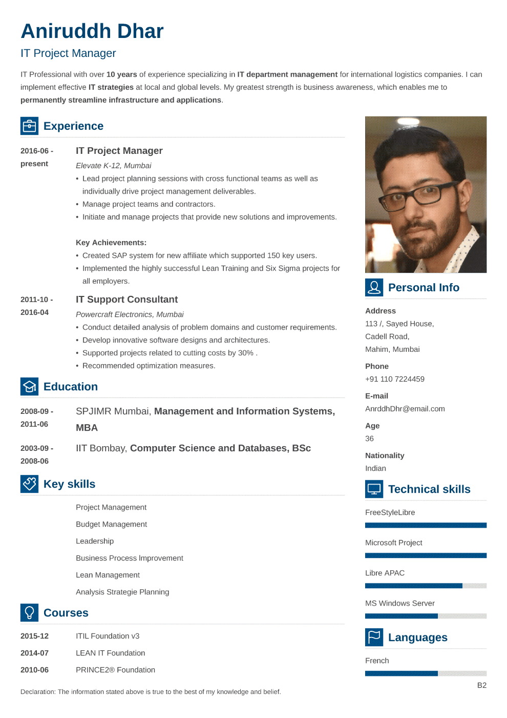 Indian resume sample made with vibes format