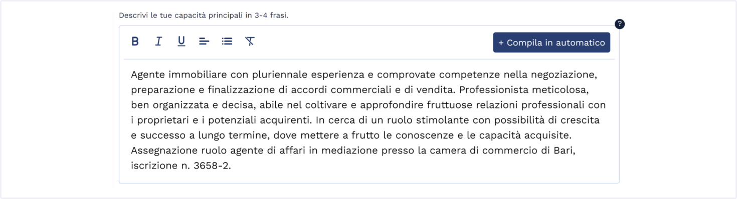 Descrizione professionale e obiettivo professionale del CV