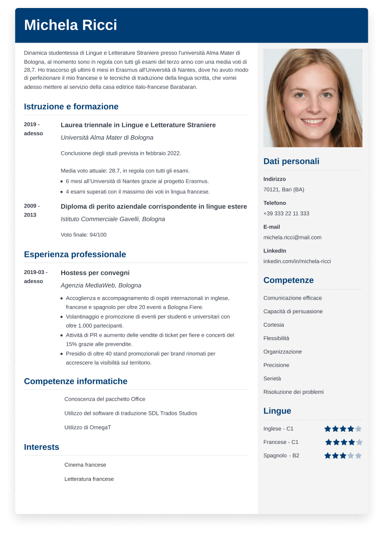 Esempio di curriculum vitae creato con il CV builder di ResumeLab