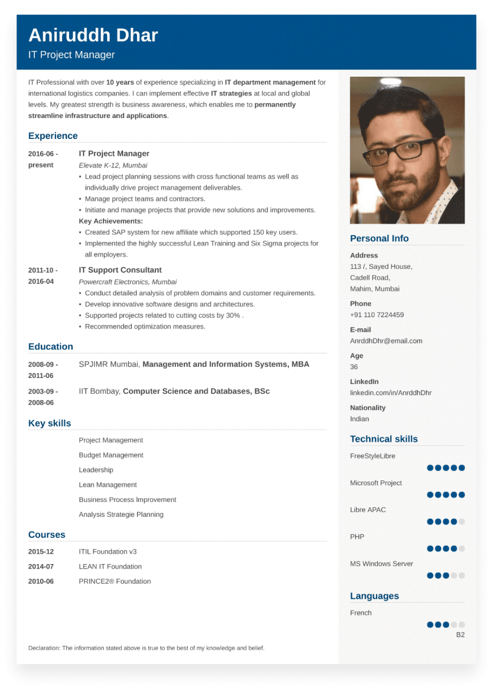 Sample Indian Resume Created With ResumeLab Builder